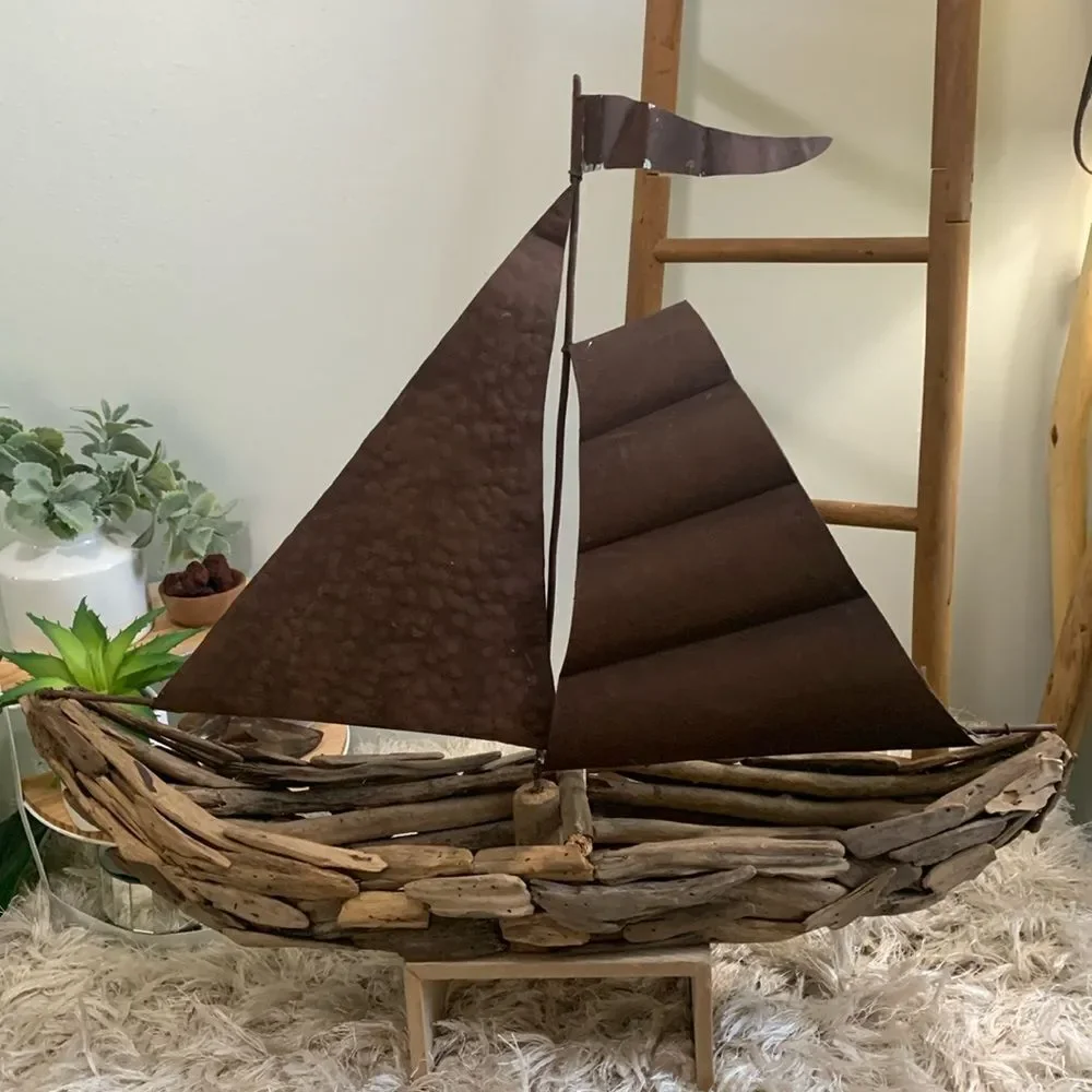 Driftwood And Metal‎ Sailboat Piece For Costal Beach Cabin Decor